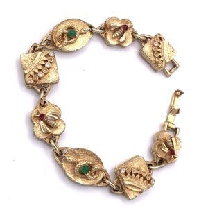 Vintage Art Arthur Pepper Gold Tone Figural Link Bracelet Snakes Bees Statement